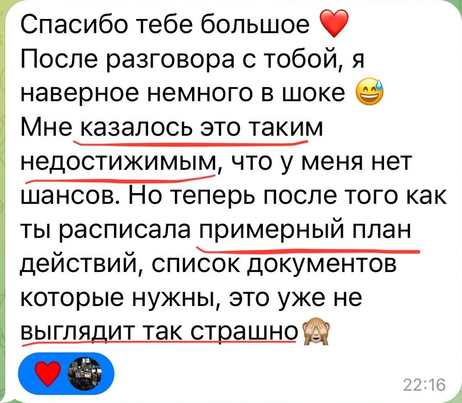 Сообщение клиентки: казалось недостижимым, а после плана действий уже не выглядит так страшно