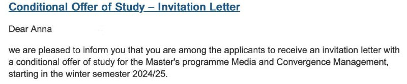Conditional offer of study, invitation letter
